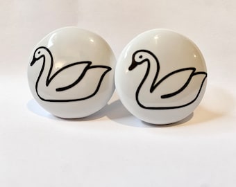 1.5” Pair Swan drawer knobs Pulls white ceramic boarding bird
