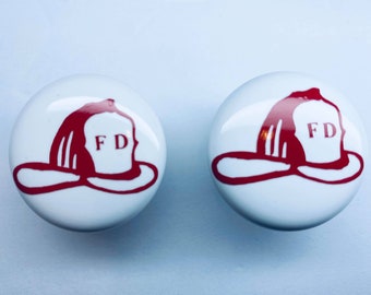 Pair of 1.5” Firefighter Drawer Knobs – White Ceramic Pulls for Fireman or Firewoman Decor, Fire Department Theme