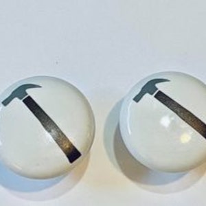 Pair 1.5”  Hammer drawer knobs Pulls white ceramic construction tool