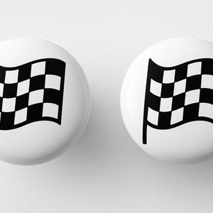Pair 1.5” Checkered Flag Racing Drawer Knobs | White Ceramic Pulls | Auto Racing & Motorsports Decor