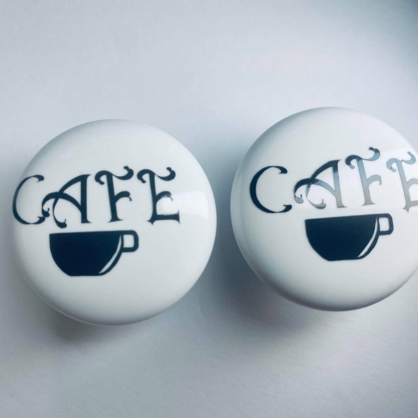 Pair 1.5" Cafe coffee themed cabinet or drawer knobs pulls white ceramic