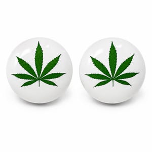 Pair 1.5” Marijuana Weed Leaf set of 2 drawer knobs pulls white ceramic smoking