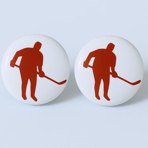 Pair of 1.5” Hockey Player Ceramic Drawer Knobs | White Cabinet Pulls with Custom Color Decal | Sports Decor Hardware