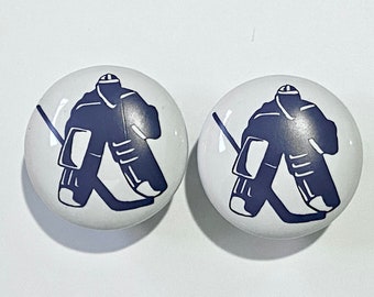 Pair 1.5”  Goalie Hockey Player drawer knobs Pulls white ceramic