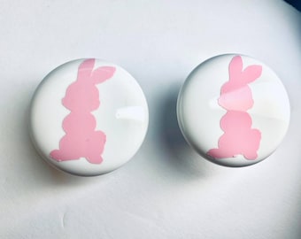 Pair 1.5”  Bunny rabbit drawer cabinet knobs Pulls white ceramic