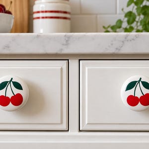 Cherry Drawer Knobs, Set of 2 Ceramic Kitchen Cabinet Pulls, Fruit Kitchen Decor