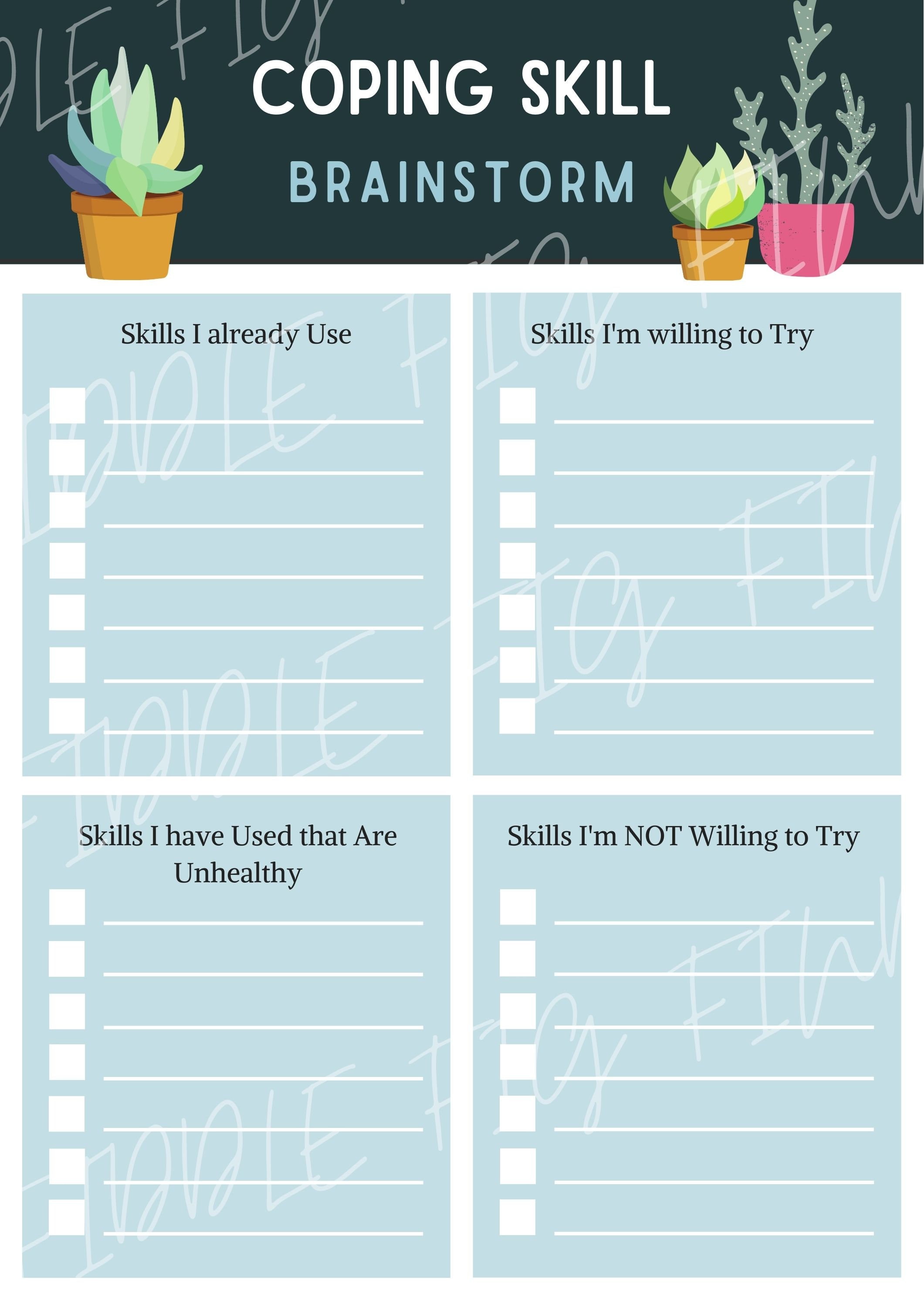 Coping Skill Worksheet Brainstorm Download Trauma Therapy CBT Worksheet