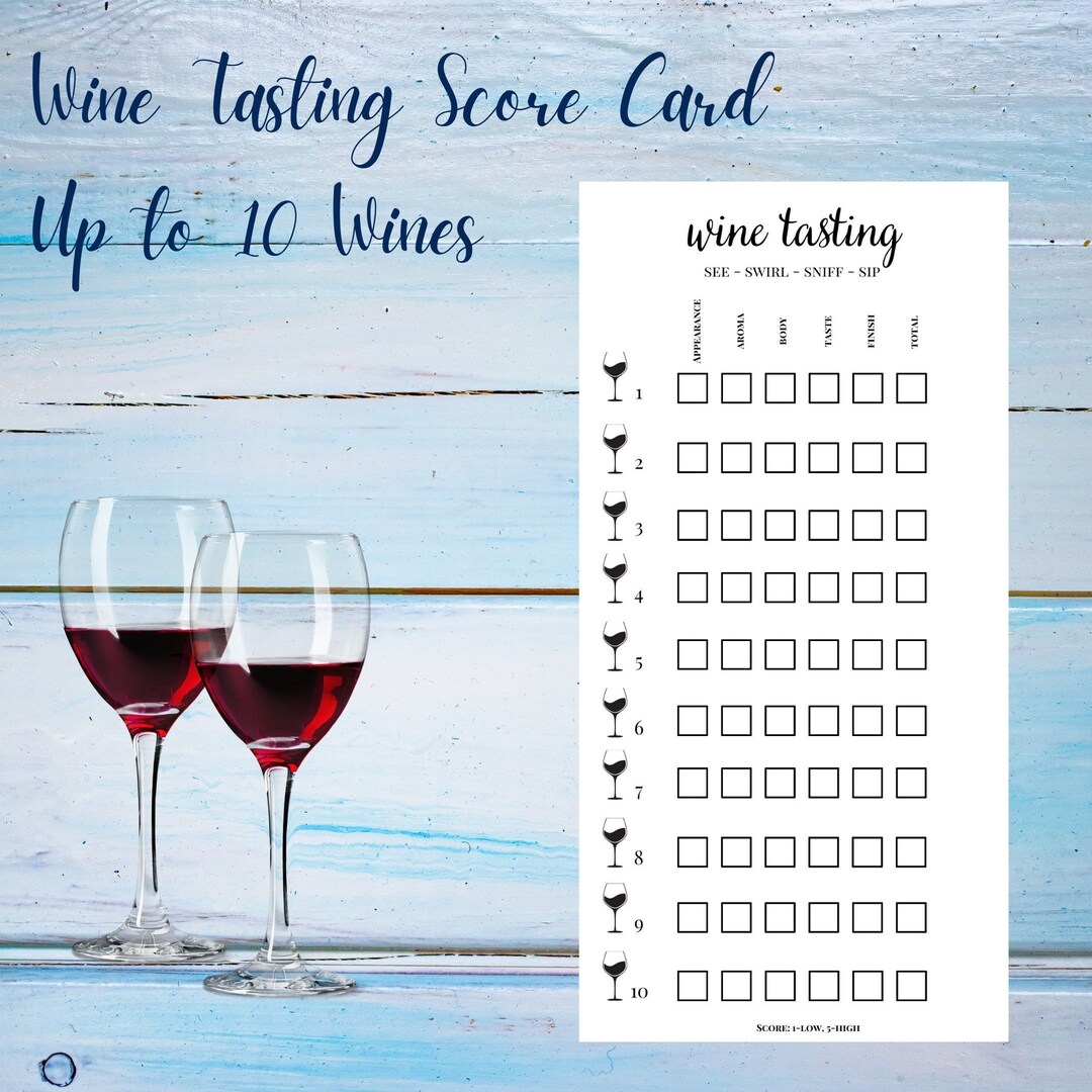 Wine Tasting Score Card for up to 10 Wines Printable 8.5x11 Wine
