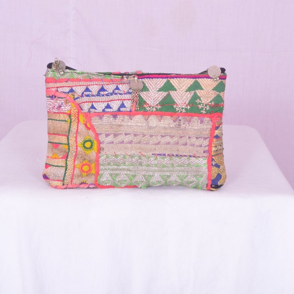 Vintage Indian tribal Banjara boho fabric clutch OOAK silver thread hand embroidered gypsy clutch wallet bag ethnic B183 multi color boho