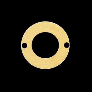 May include: A gold-colored metal washer with two small holes on the outer edge.