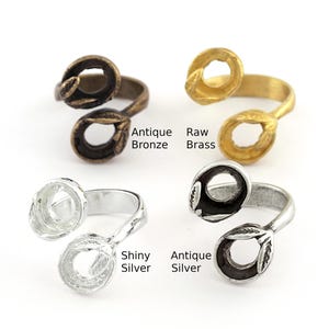 Leaf Bezel Ring Adjustable Blank - Raw Brass - Antique Silver - Shiny Silver - Antique Bronze ( 19mm 9US inner size - Adjustable ) OZ965