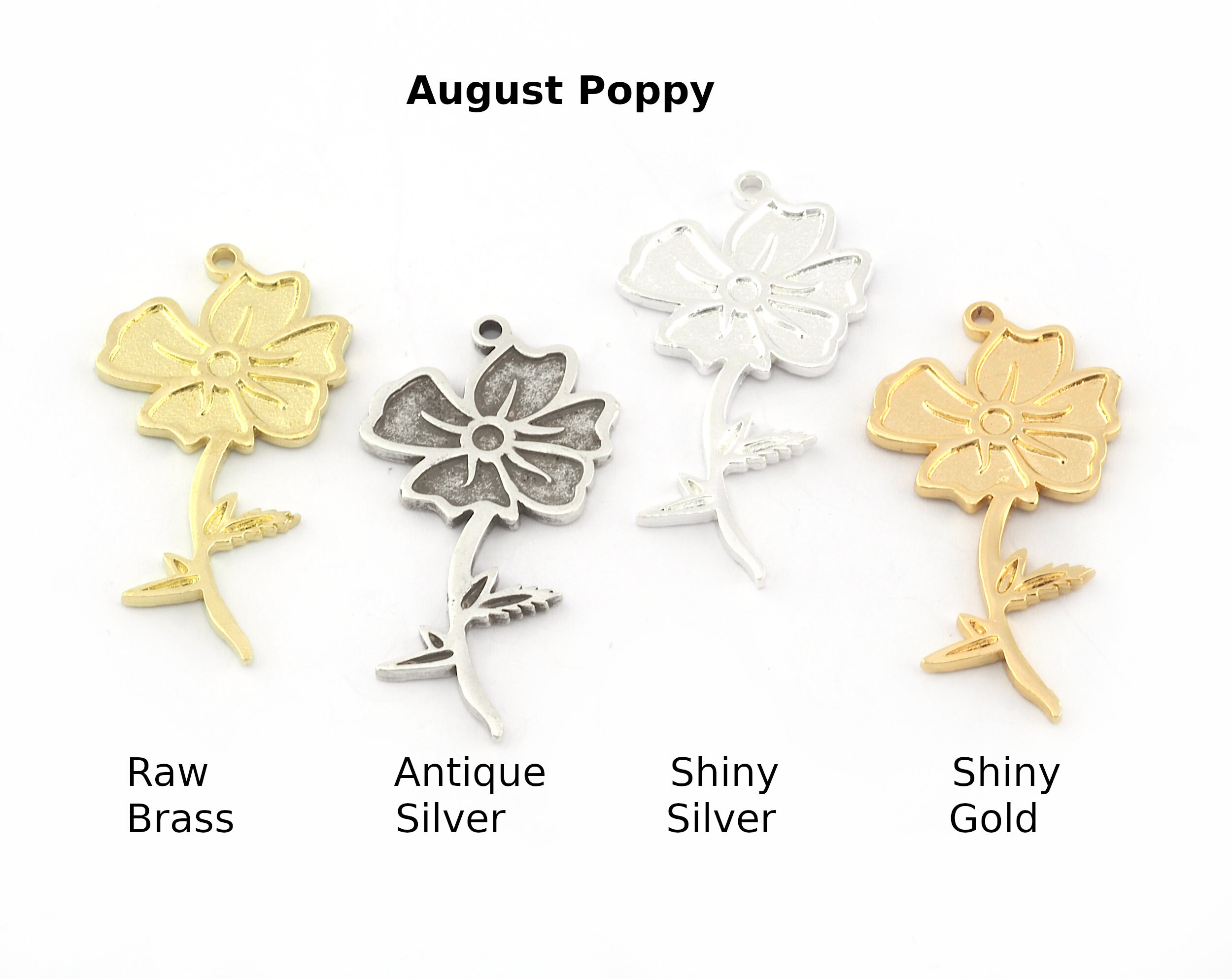 August Poppy Flower Charm, Raw Brass Pendant, Birth Month Jewelry -5265 ...