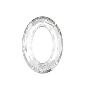 May include: A clear crystal bead with a faceted oval shape and a hole in the centre.