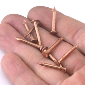May include: A close-up of a hand holding a group of copper-colored nails. The nails are sharp and pointed, and they are arranged in a random pattern.