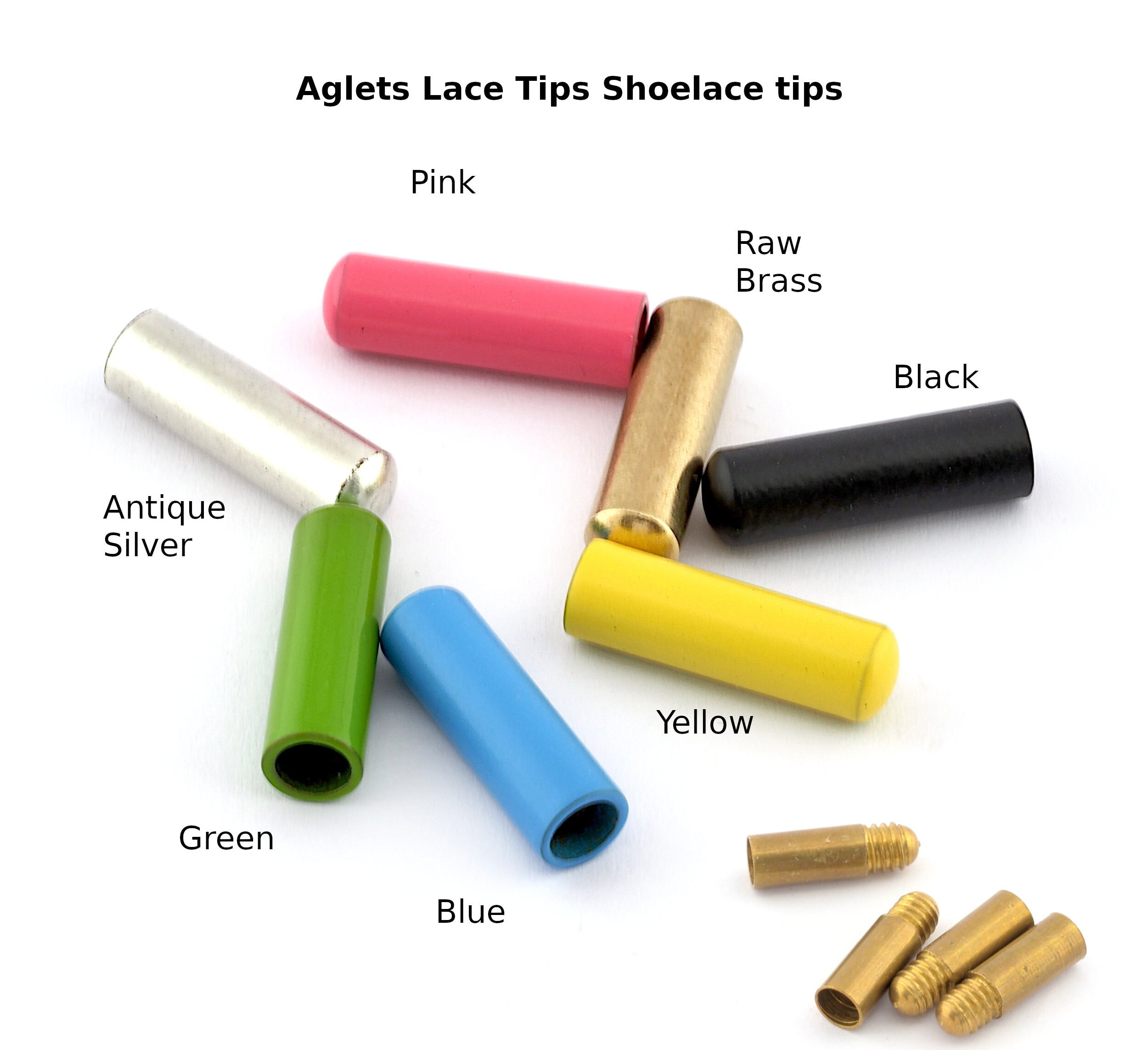 Aglets Lace Tips, Shoelace tips, Screw-on lace tip  Solid Brass, Pink,  Black, Yellow, Blue, Green Antique Silver  20x6mm  S452