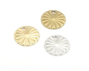 Disc Ribbed Starburst Design Charms Tag 12 mm (0.8mm thickness) Raw Brass with hole, Shiny gold or shiny silver plated 4585