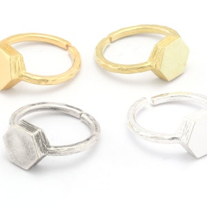 Hexagonal Brushed Edge Ring Base Adjustable Ring Blank Raw Brass - Shiny silver - Antique silver - Shiny Gold plated (10mm blank) OZ4687