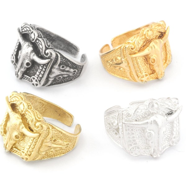 Bull Skull Western Signet Adjustable Ring Raw Brass  - Antique silver - Shiny silver - Shiny gold Plated  (10US - 12US inner size) 4717