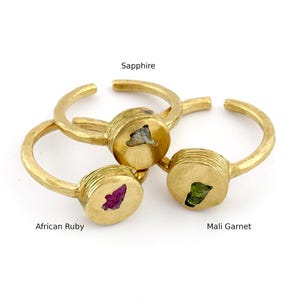 Ring with Natural Raw Stone Brass Ring, Raw Gemstone Inlay, Handmade, Sapphire Ruby or Garnet Stone US 8 -HA35-03