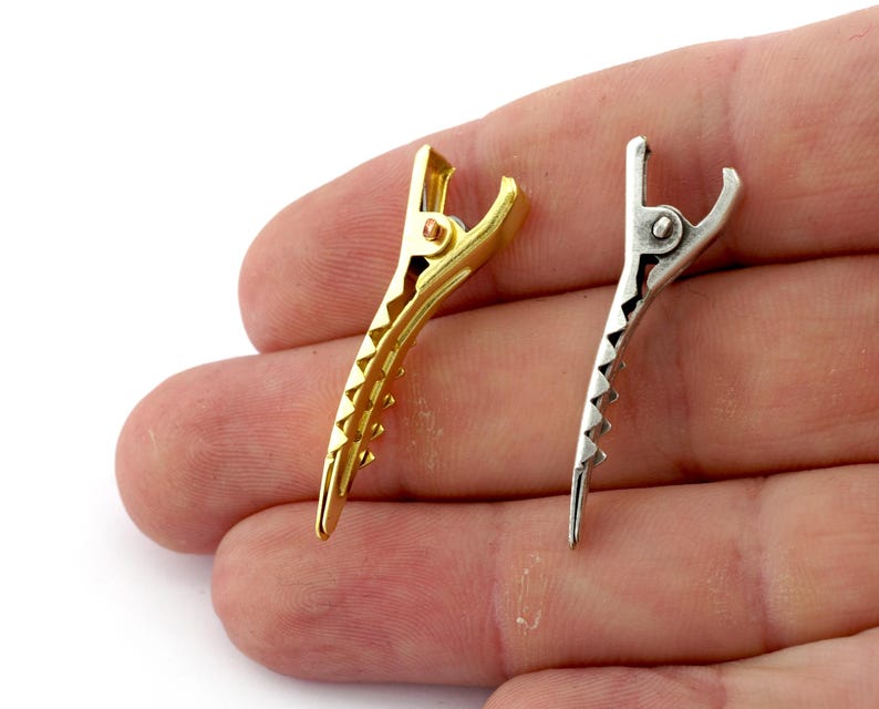 K&ouml;nnte beinhalten: Zwei Haarklammern, eine goldene und eine silberne, mit einem gezahnten Griff. Die Klammern werden in einer Hand gezeigt.