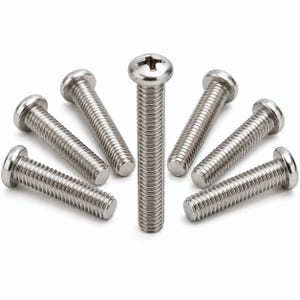 Può includere: Una collezione di sette viti metalliche color argento disposte a semicerchio, con una vite posizionata verticalmente al centro. Ogni vite presenta una testa arrotondata con un intaglio a croce e un gambo cilindrico completamente filettato.