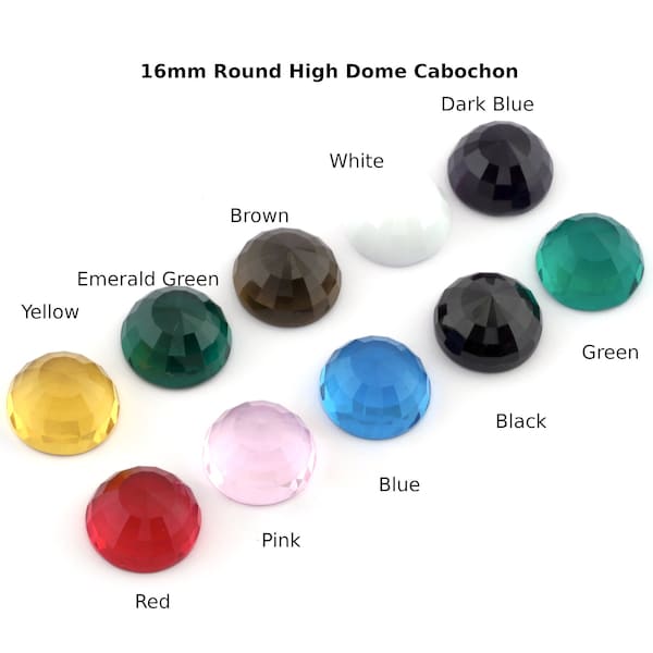 Faceted Glass High Dome Round Cabochon 16mm Flat Back Yellow, Emerald Green, Brown, White, Dark Blue, Red, Pink, Blue, Black, Green CAB20