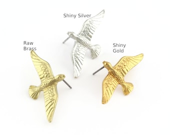 Albatross Bird Stud Earrings, Brass, Silver, Gold Plated (37x18mm) -3050