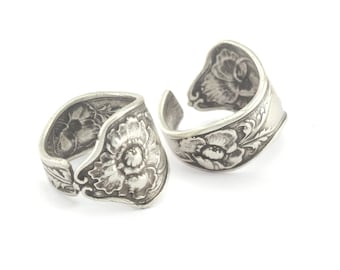 Adjustable Spoon Ring Flower Patterned  Ring Antique Silver Plated brass (18.5mm 8.5US inner size) OZ2754