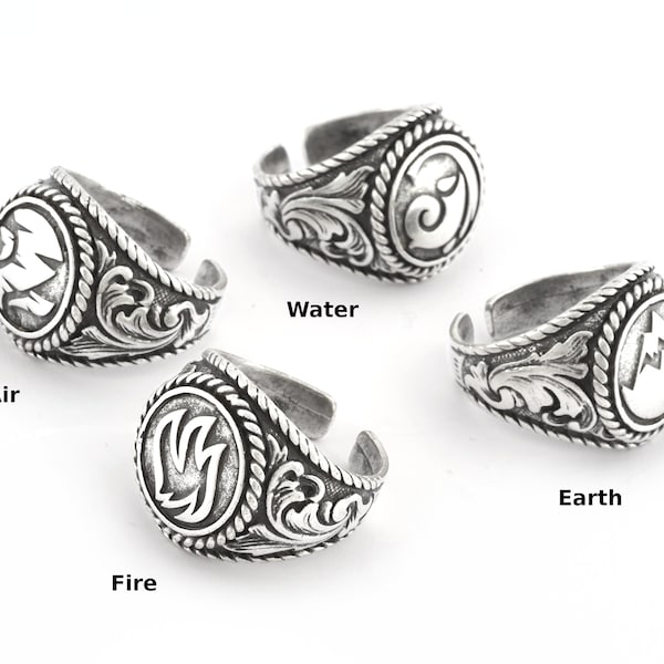 Four Elements Fire - Water - Earth - Air  Rings,  Antique Silver Plated Brass  (9US - 12US inner size Adjustable ) 5337-38-39-40