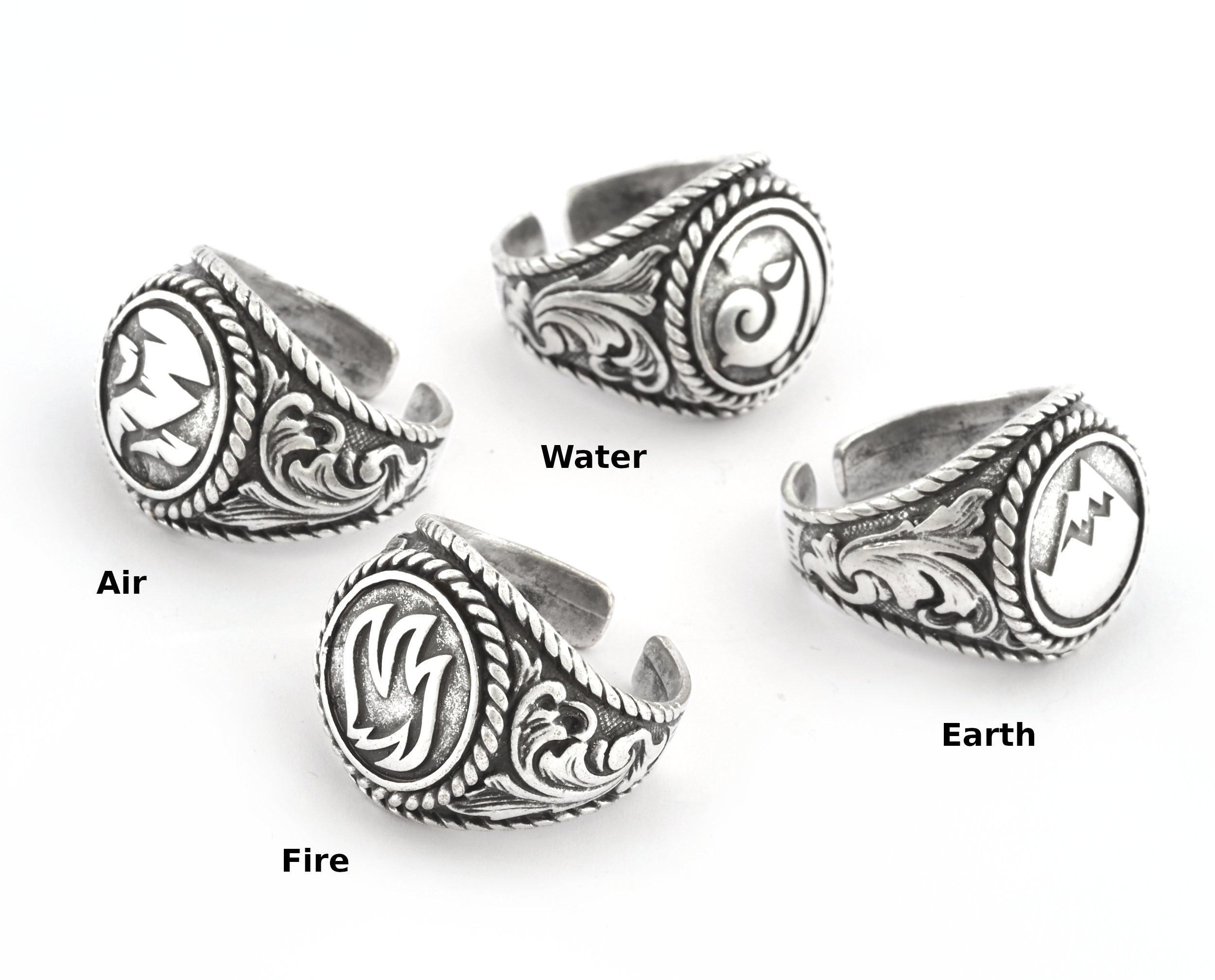 Four Elements Fire - Water - Earth - Air Rings, Antique Silver Plated ...