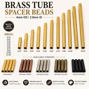 Tubos de latón con cuentas de 4 mm de diámetro exterior y 2,8 mm de orificio interior. Latón natural, color amarillo antiguo, plata antigua y negro. Tubos espaciadores para joyería. 1471-80