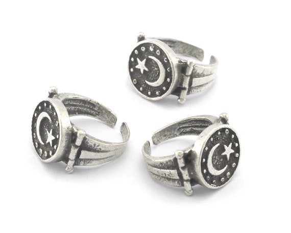 シグネットリング 三日月型 星型 調節可能 アンティークシルバーメッキ