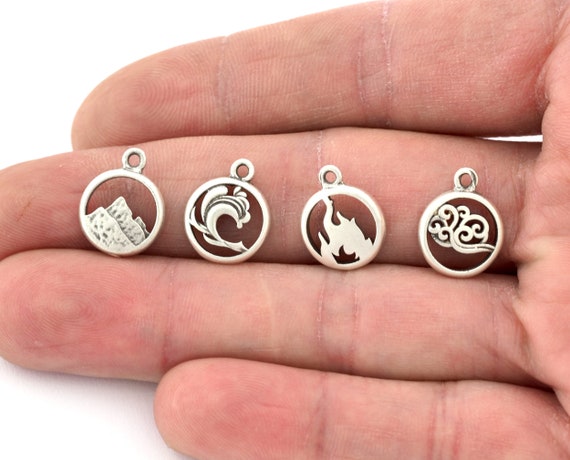 Four Elements Charm Pendant – Earth, Air, Water, Fire Symbols, Antique Silver Plated Brass 10 thumbnail image