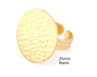 Round Hammered Adjustable Ring Blank - Shiny Gold Plated Brass (25mm Blank ) 4951