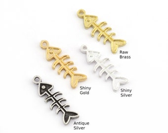 Brass Fish Bone Charm Pendant – Raw, Antique, Shiny (21x8mm) -3046