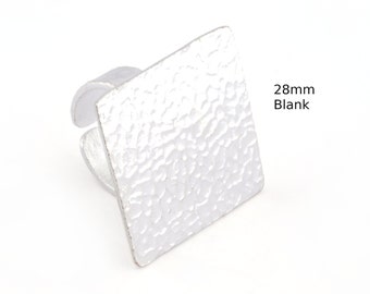 Square Hammered Adjustable Ring Blank Bezel Base - Shiny Silver Plated Brass (28mm Blank ) 4933