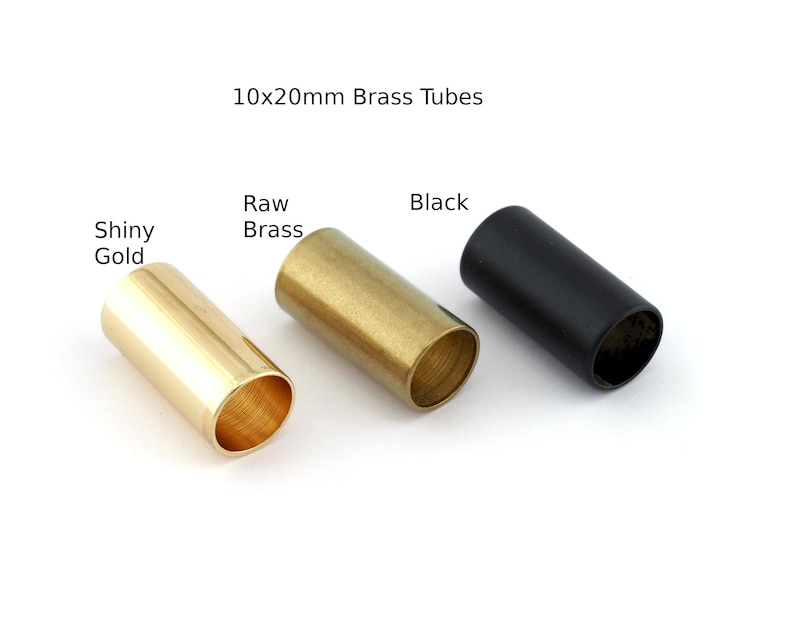 May include: Three 10x20mm brass tubes in different finishes: shiny gold, raw brass, and black.