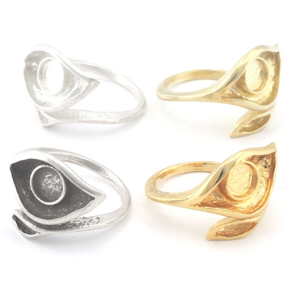 Leaf Eye Ring Adjustable Ring Bezel Raw Brass, Antique silver, Shiny Silver, Shiny Gold  6 mm Round Setting (7US - 9USinner size ) 4783