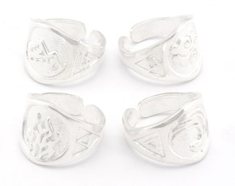 Bague réglable en laiton argenté brillant - Symboles des quatre éléments -4671-74