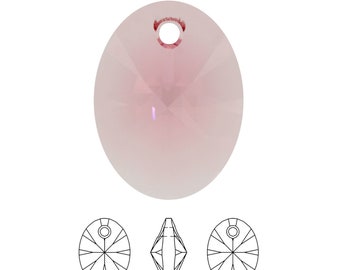 Puede incluir: Cristal colgante ovalado Light Rose con un agujero en la parte superior para colgar. El cristal es transparente con un tono rosa claro. El colgante se muestra en tres vistas: frontal, lateral y posterior.