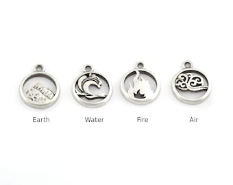 Small Charms Four Elements Water, Fire, Earth, Air Symbols Pendant Antique Silver Plated Brass (14x12mm)  5345-46-47-48