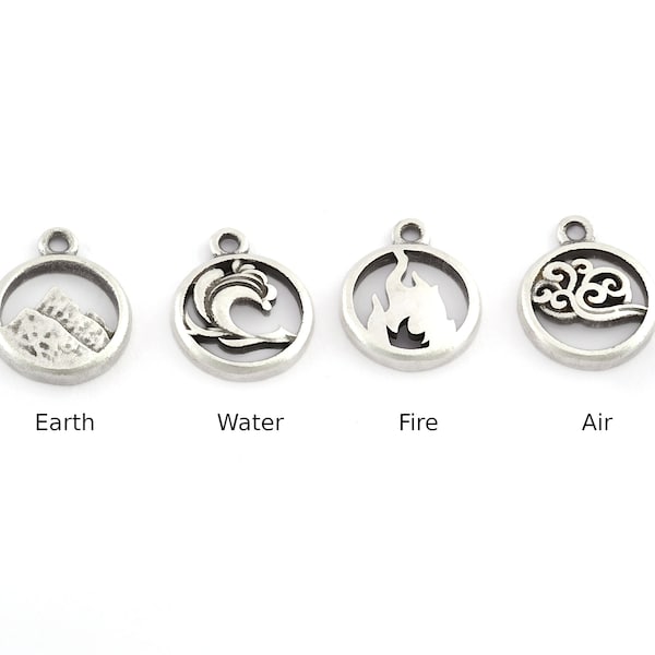 Small Charms Four Elements Water, Fire, Earth, Air Symbols Pendant Antique Silver Plated Brass (14x12mm)  5345-46-47-48