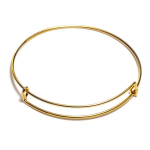 May include: A gold-toned bangle bracelet with a simple, elegant design. The bracelet is made of metal and has a spring-loaded clasp.