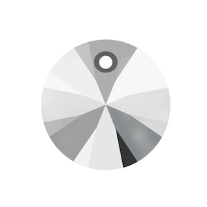 May include: A clear crystal pendant with a round shape and a hole at the top for hanging. The pendant has a faceted design with a starburst pattern.
