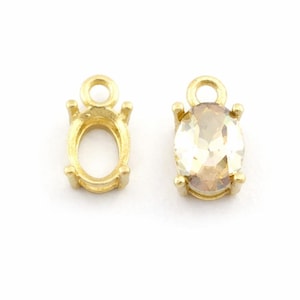 Rhinestone Oval Charm 6x8mm, Raw Brass Prong Setting, Cabochon Pendant Blank, Oval Bezel Setting, DIY Necklace Charm -5451