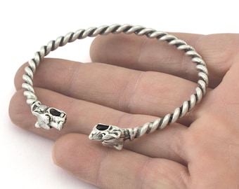Antique Silver Plated Dog Head Bracelet - Adjustable Swirl Brass Cuff -3160