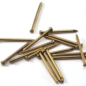 May include: A pile of 12 brass finishing nails, all the same size, on a white background.