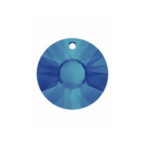 May include: A round, blue crystal pendant with a hole at the top for hanging.