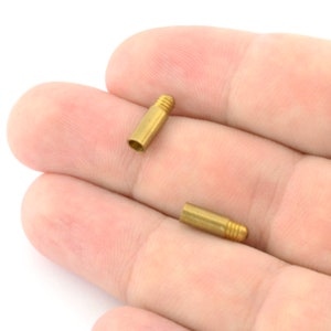 May include: Two gold-colored metal tubes with threaded ends. The tubes are about 1 inch long and have a smooth, shiny finish.