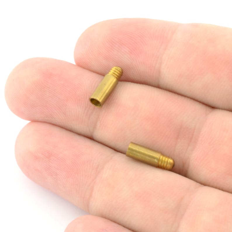 May include: Two gold-colored metal tubes with threaded ends. The tubes are about 1 inch long and have a smooth, shiny finish.